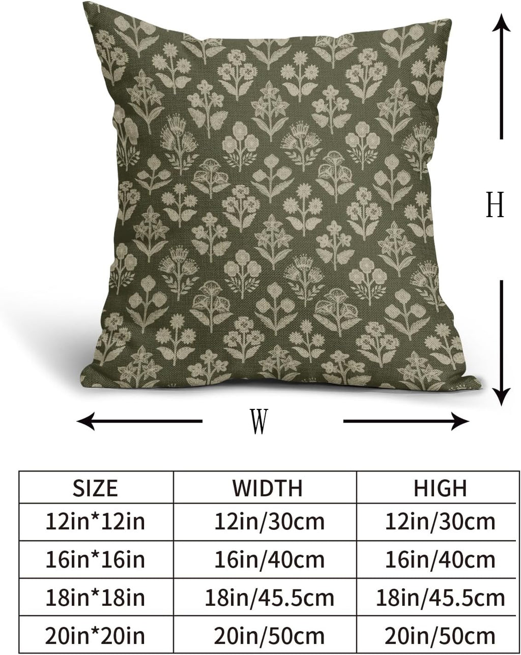 Olive Green Floral Block Print Pillow Covers 16x16 Inch Set of 2, Vintage Flower Pattern Decorative Throw Pillowcases Outdoor Farmhouse…