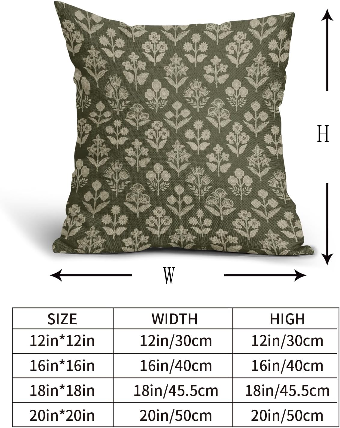 Olive Green Floral Block Print Pillow Covers 16x16 Inch Set of 2, Vintage Flower Pattern Decorative Throw Pillowcases Outdoor Farmhouse…