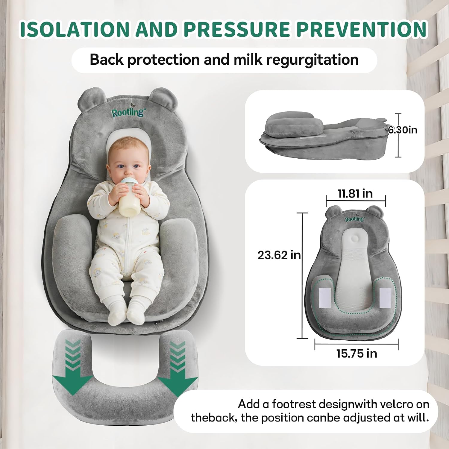 Rootling Baby Feeding Pillow, Anti Overflow Feeding Pillow for Reducing Spit-Up, Safety Nursing Pillow, Baby Lounger Reflux Wedge…