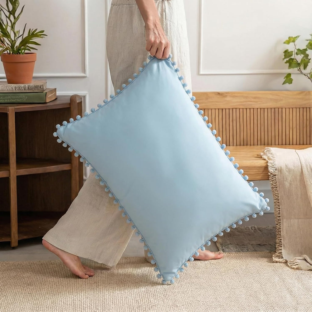 Moveover Sky Blue Pom Poms Pillowcases, Blue Standard Pillow Cases Set of 2, 100% Washed Microfiber, Pale Blue Ball Fringe Pillow Cover, 2 P…