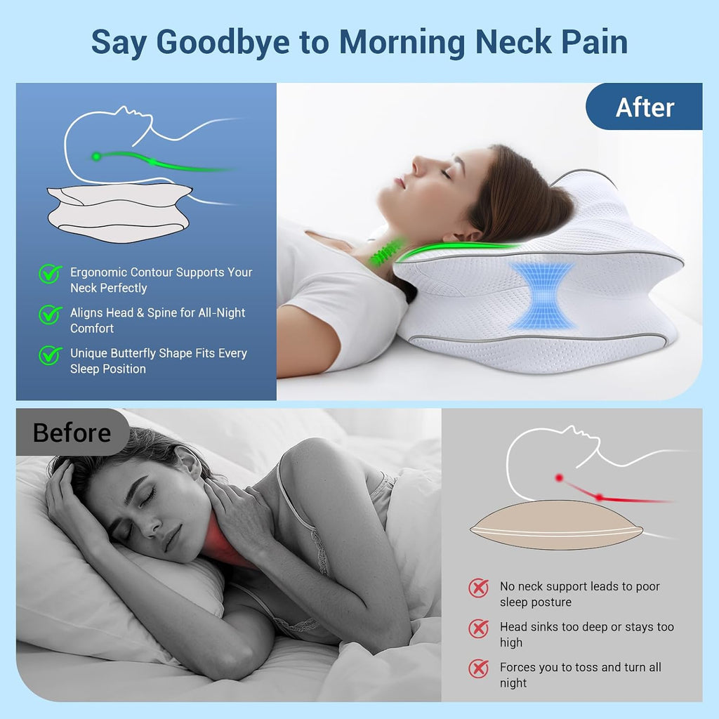 AZBestPro Memory Foam Cervical Pillow for Neck Support &, Butterfly Ergonomic Design – 24×15.75×5.7 Inches, Removable 100% Polyester Pillo…