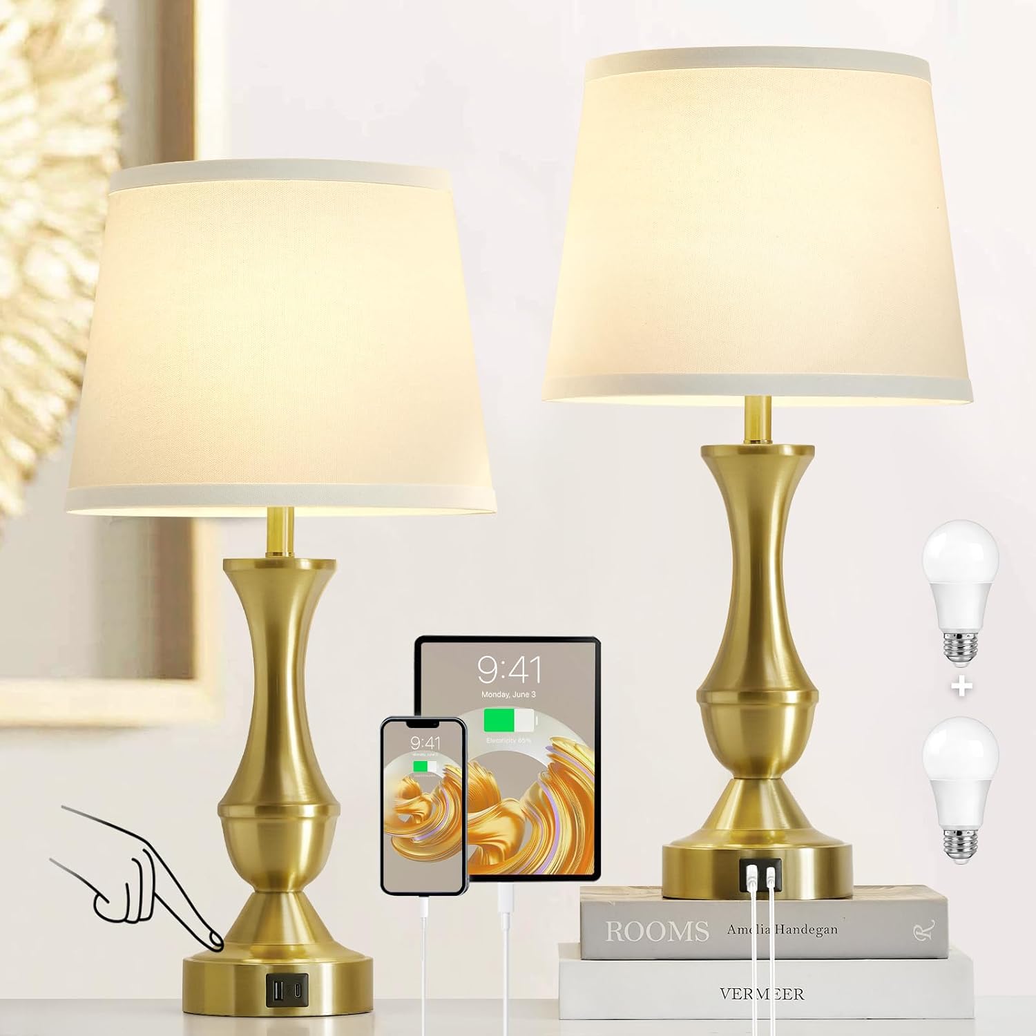 Luvkczc 22" Gold Table Lamps Set of 2 - Modern Luxury Bedside Lamps with White Fabric Shade, Dimmable & Dual USB C+A Ports, Nightstand…