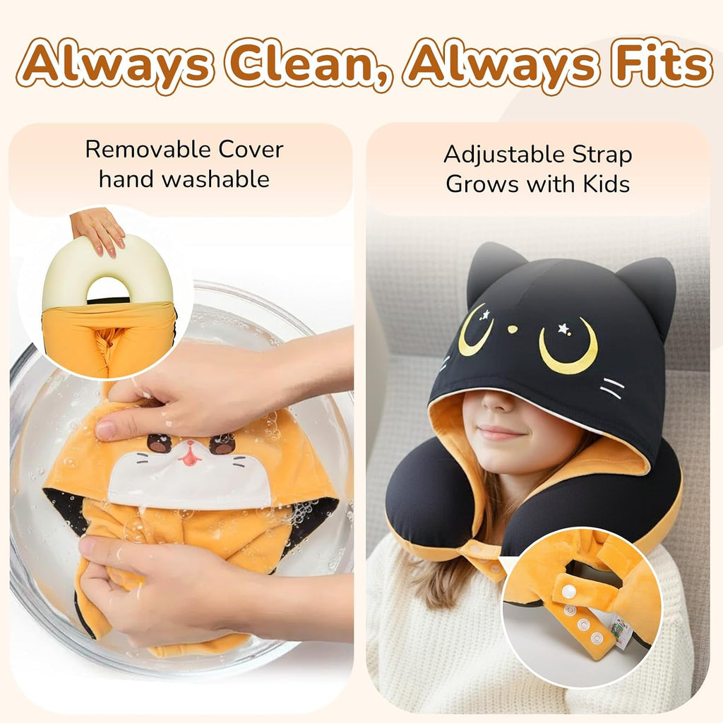 Mewaii Certified to ASTM & CPSIA Standards–Kids Travel Neck Pillow with Hood, Memory Foam Airplane Pillow, Double-Sided, Cute Design, Cooling…