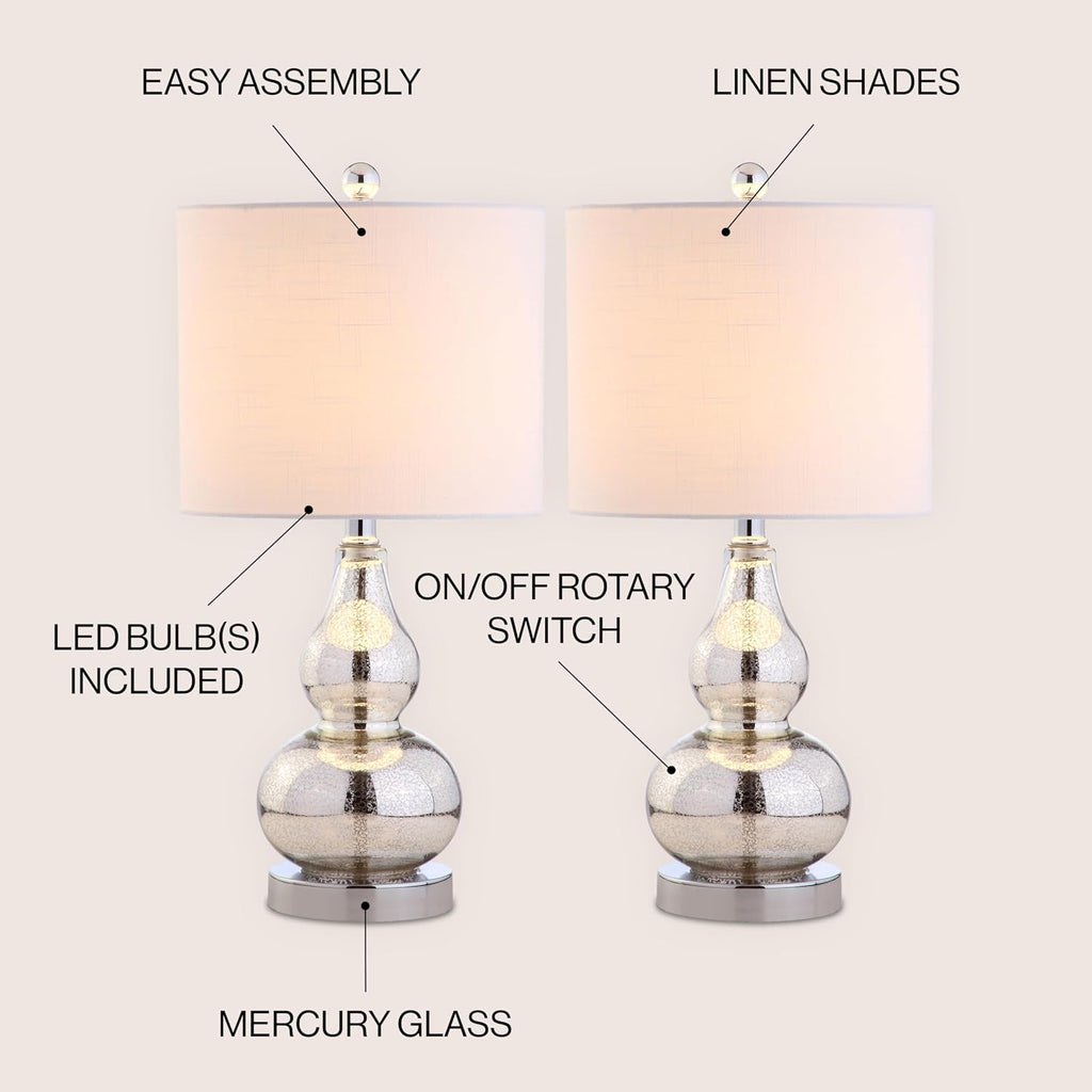 JONATHAN Y 20.5" Mercury Silver Glass Table Lamp, Modern Gourd Bedside Nightstand Lamp for Bedroom, Living Room, White Linen Shade, LED…