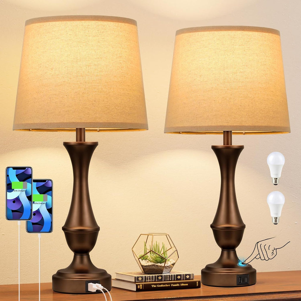 Seealle Upgraded Touch Lamps for Night Stands Set of 2 - Bedside Lamps with USB C+A, 3 Way Dimmable for Bedroom Living Room End Tables…