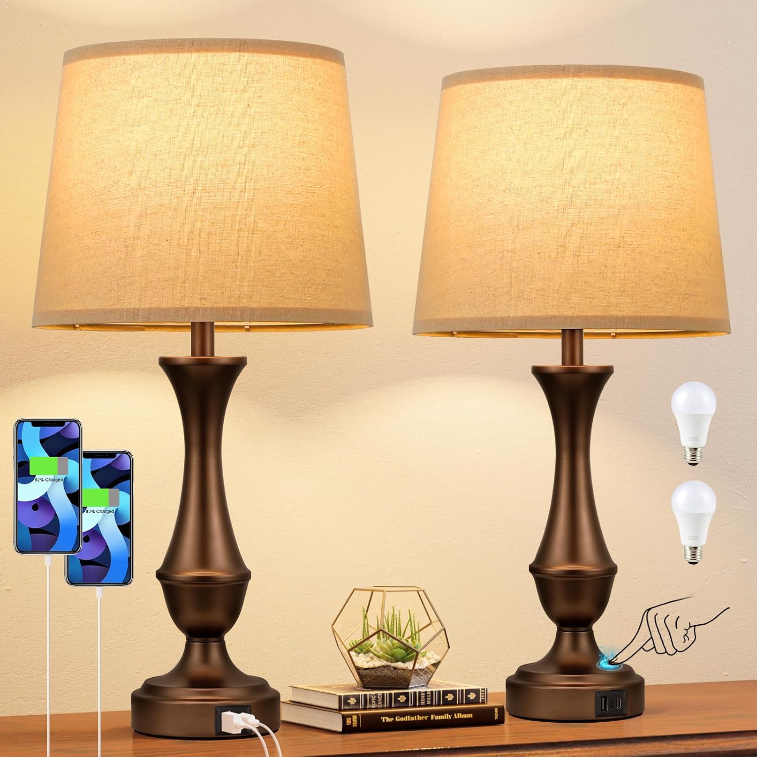 Seealle Upgraded Touch Lamps for Night Stands Set of 2 - Bedside Lamps with USB C+A, 3 Way Dimmable for Bedroom Living Room End Tables…