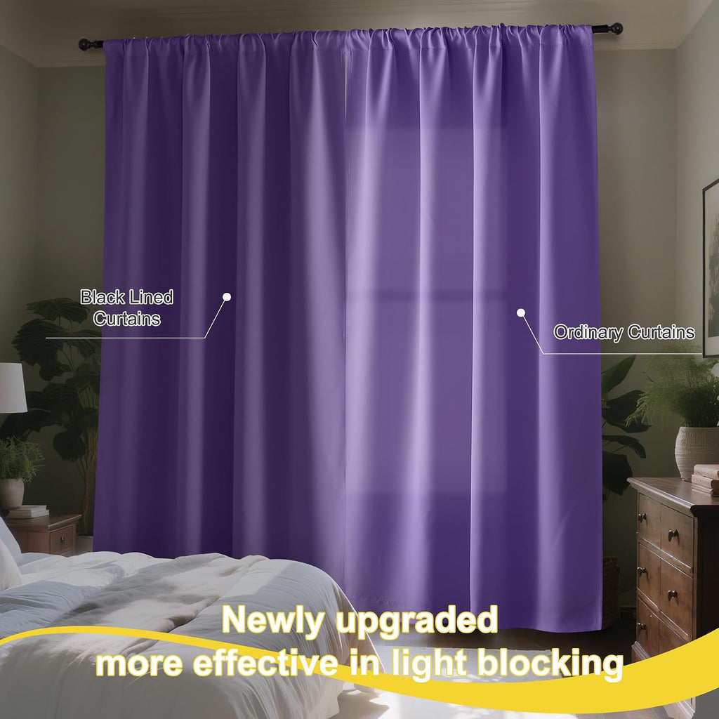 Nicetown 100% Blackout Curtains for Nursery, Lilac Purple W52 x L84 Set of 2 Light Blocking & Soundproof Drapes, Rod Pocket Black Lined Wind…