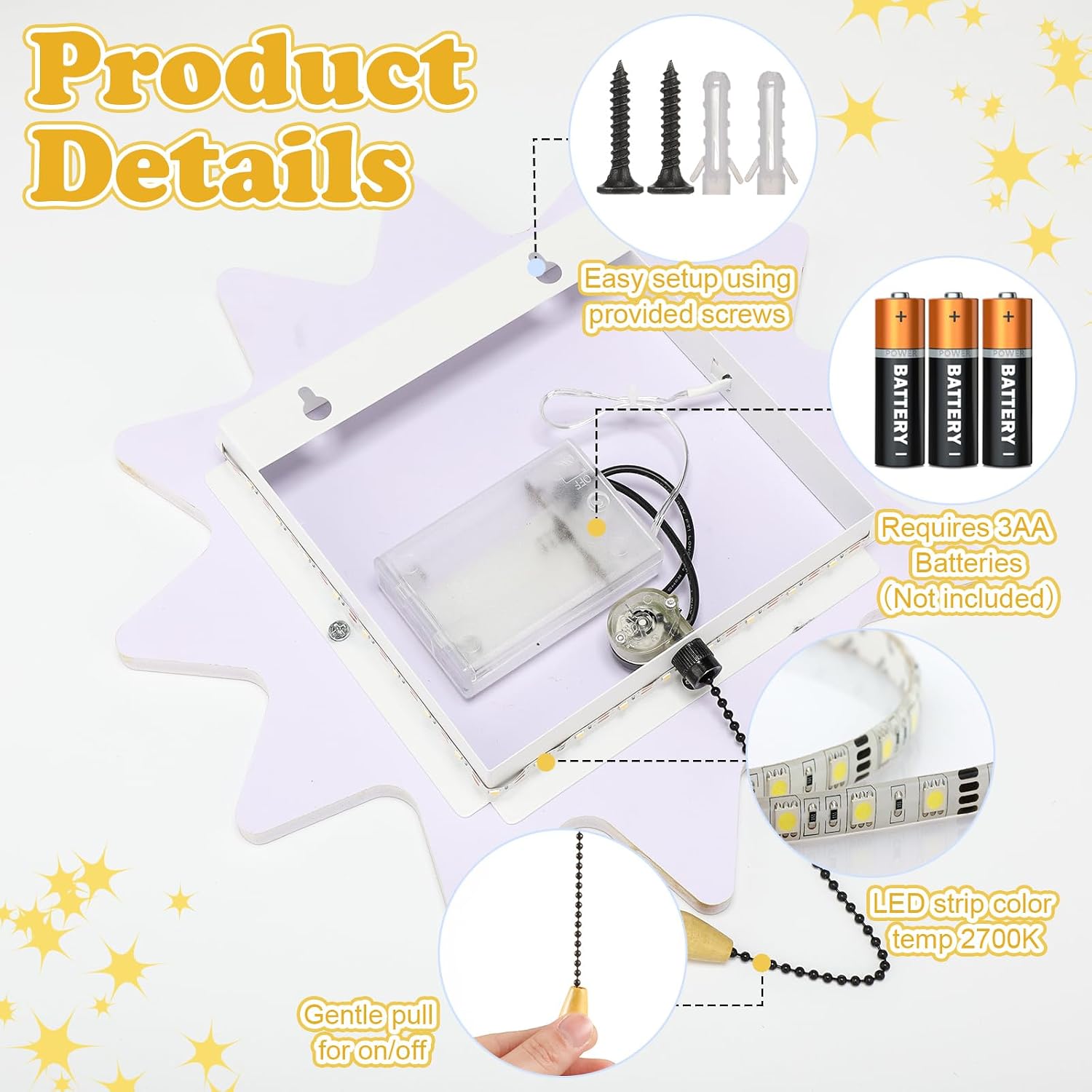 Aurelema Sun Night Light Wall Lamp Sleeping Nursery Lighting Cute Floating Battery Operated Hanging Lamp for Baby Boys Girls Bedroom Room…