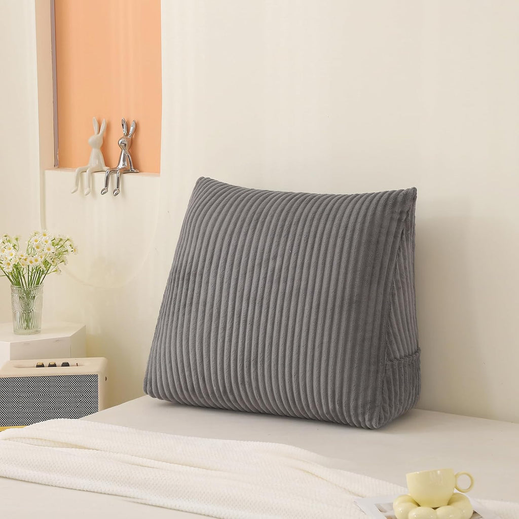 Corduroy Wedge Reading Pillow for Bed, 3 Sizes, 4 Colors for Bed, Sofa, Office Chair (Grey, Large 24 * 20 * 8in)