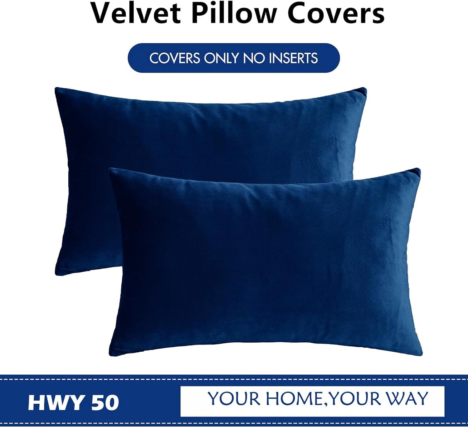 HWY 50 Navy Blue Velvet Rectangular Throw Pillow Covers 12x20 Inch, Pack of 2 Soft Cozy Solid Decorative Luxury Cushion Cases for Couch…