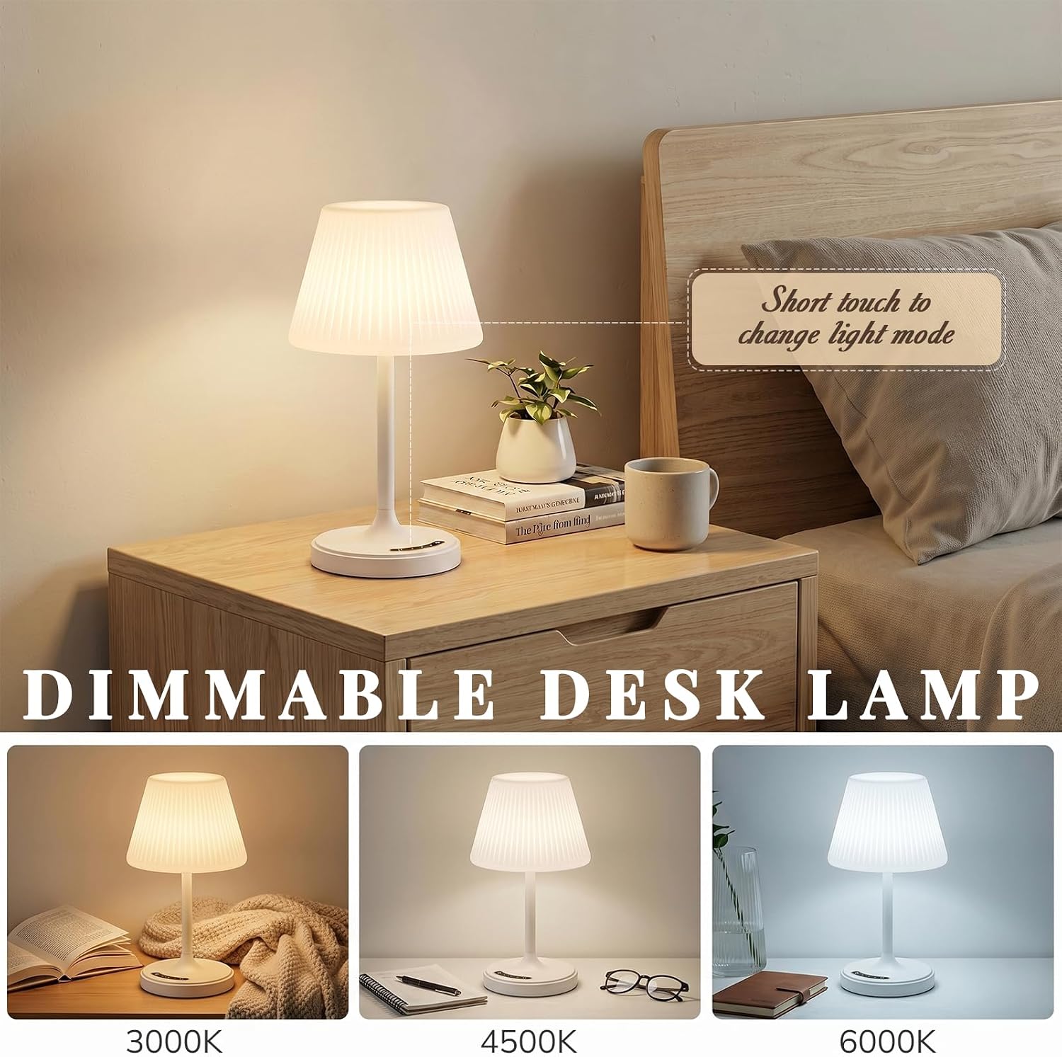 Audles Bathroom Lamp Waterproof Shower Light, Rechargeable Cordless Table Lamp with 4000mAh Battery, 3 Color Modes Touch Dimmable, Small Ni…
