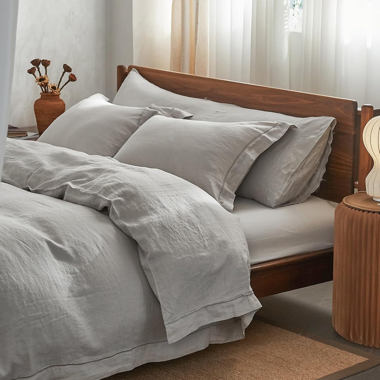 Simple&Opulence 100% Washed Linen Duvet Cover with Embroidered,3 Pieces Soft Farmhouse Comforter Set with Button Closure,1 D…