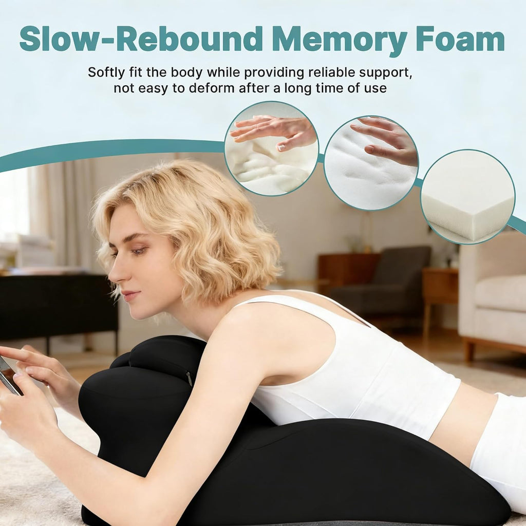 Ergonomic Memory Foam Wedge Pillow, Back and Neck Support Cushion for Reading in Bed, Sitting Up, Bed Rest and Watching TV (Black)