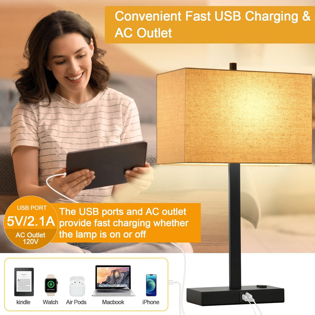 21" Touch Bedside lamps with 2 USB & AC Outlets, 3-Way Dimmable Bedside Table Lamps Set of 2 for Bedroom Living Room Office Reading…