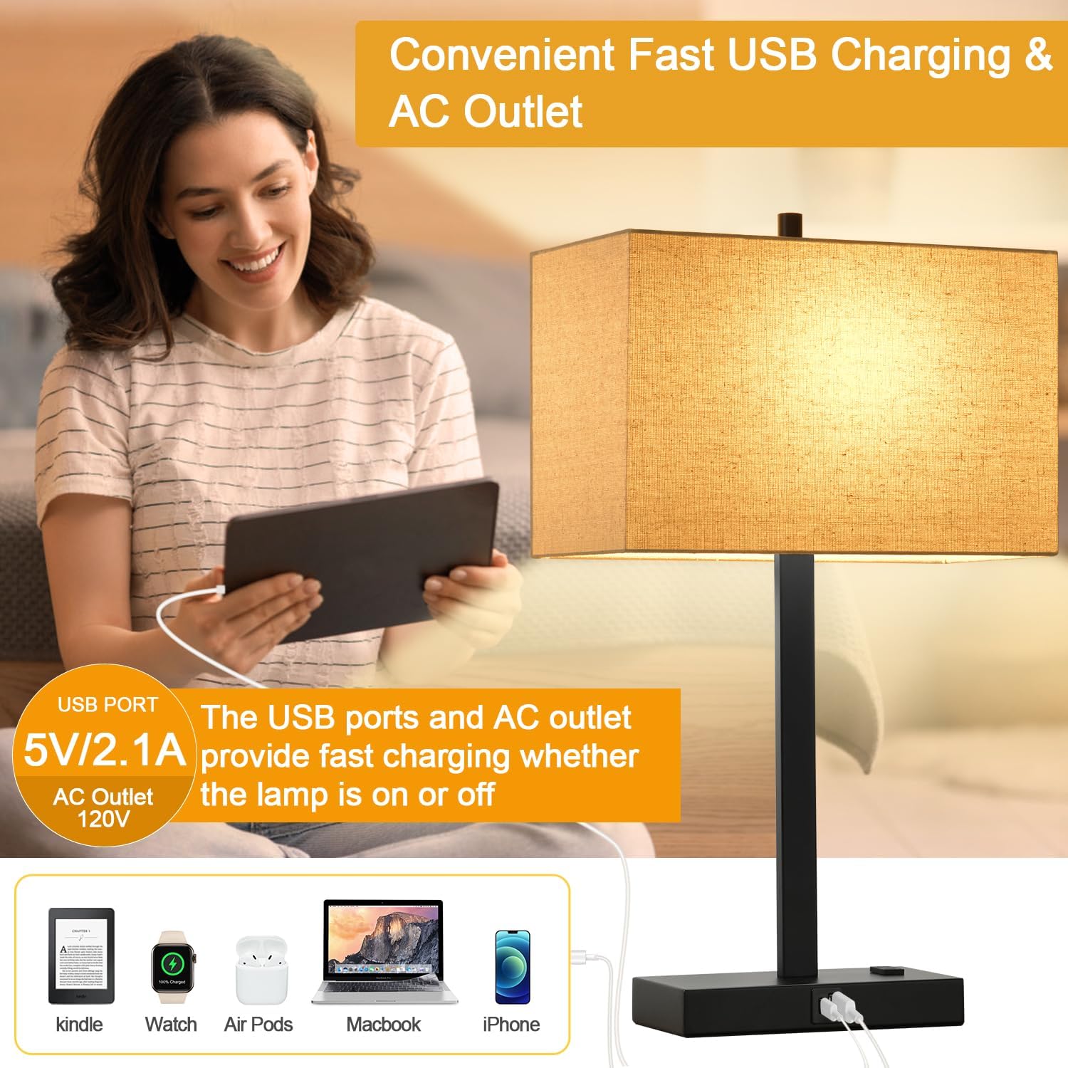 21" Touch Bedside lamps with 2 USB & AC Outlets, 3-Way Dimmable Bedside Table Lamps Set of 2 for Bedroom Living Room Office Reading…