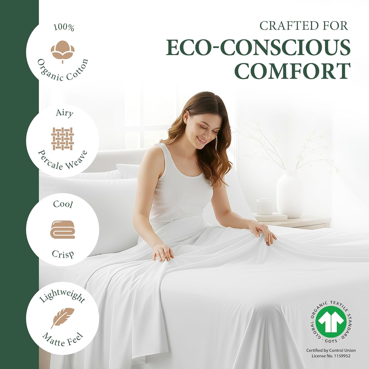 AshtonSheets 100% Organic Cotton Sheets King Size - Organic Cotton King Size Percale Weave Sheet Set (4 PC, White), Soft, Cooling, Crisp &…
