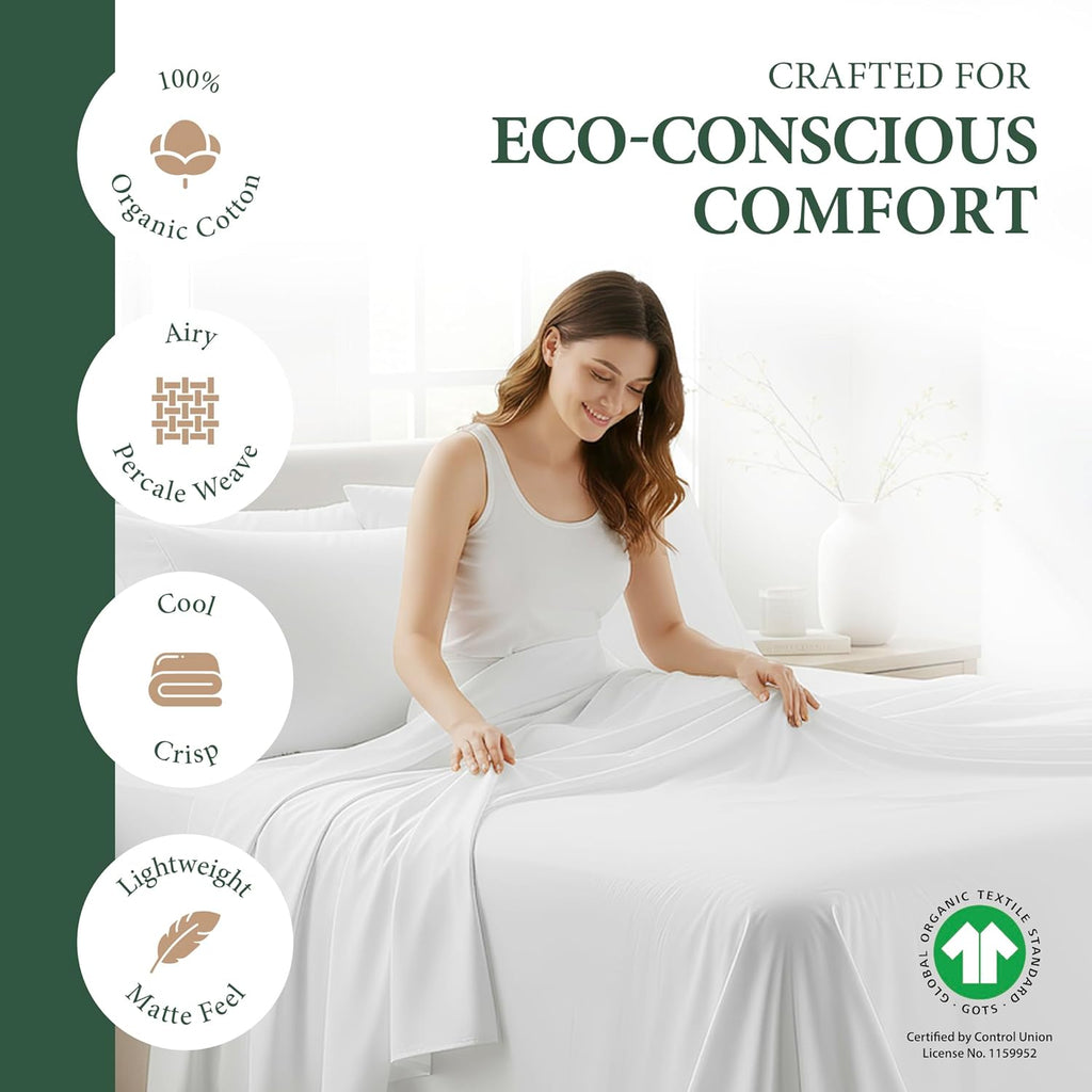 AshtonSheets 100% Organic Cotton Sheets Twin Size - Organic Cotton Twin Size Percale Weave Sheet Set (3 PC, Light Blue), Soft, Cooling, Cri…