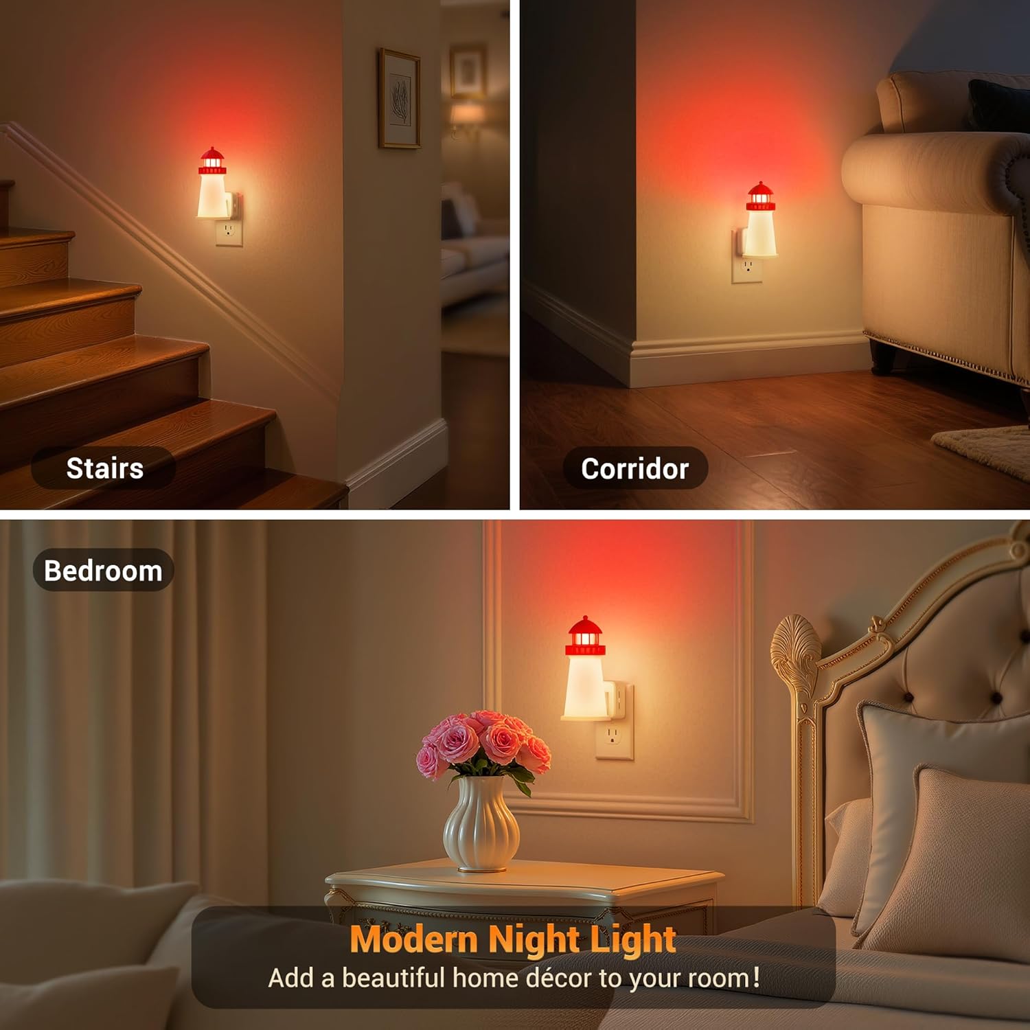 JandCase Night Lights Plug into Wall,3D Printed Beacon Night Light,3000K Plug in Nightlight with Dusk to Dawn Sensor,0-100LM Adjustable…