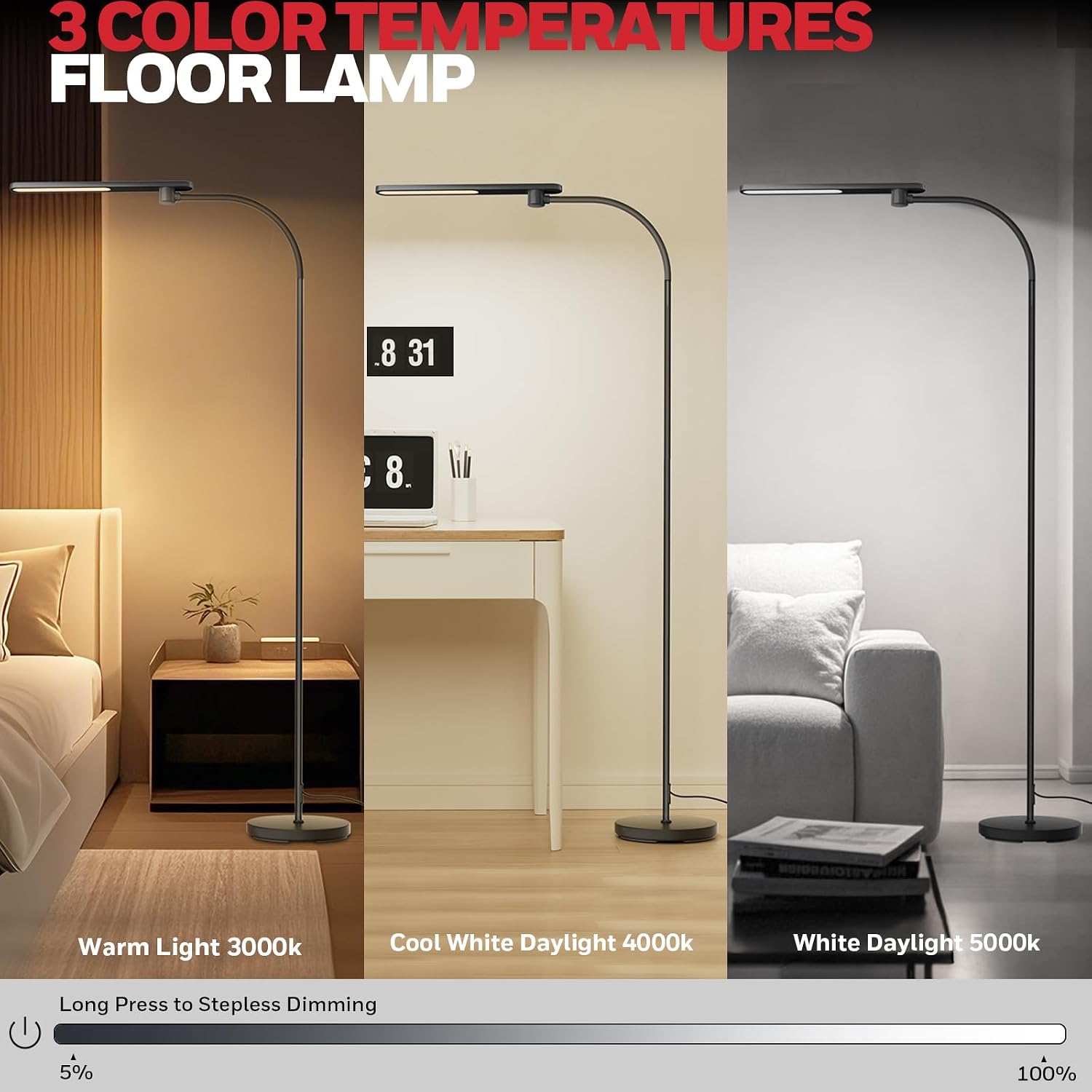 HoneywellAirComfort Honeywell LED Floor Lamp for Reading, CRI97 Full Spectrum Gooseneck Floor Lamp, Eye-Caring Dimmable Standing Task Light…