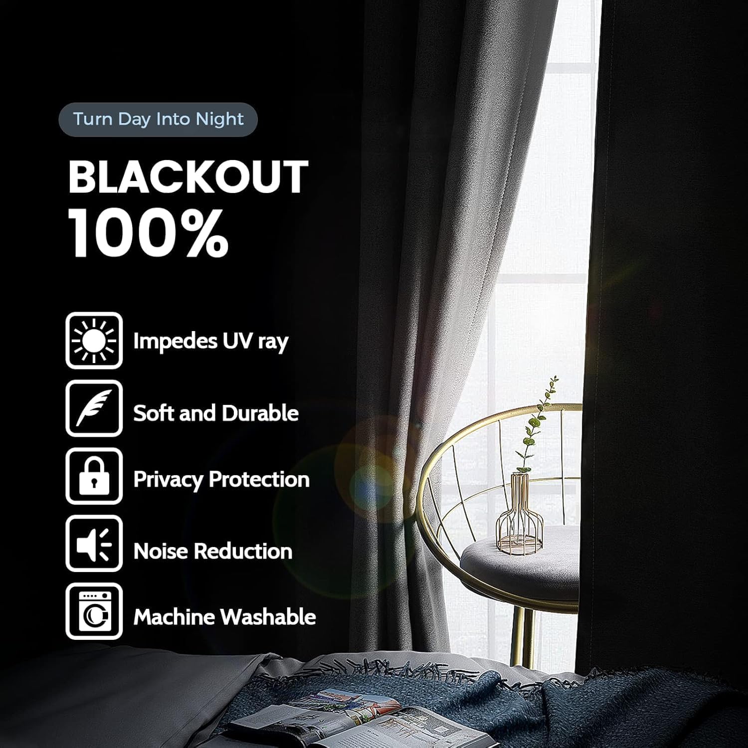 SimpleHome 100% Blackout Curtains for Bedroom, Thermal Insulated Grey Grommet Window Drapes Room Darkening Curtains for Living Room with Bla…
