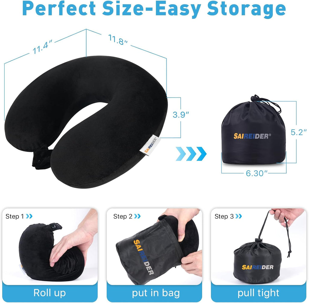 Saireider Neck Pillows for Travel 100% Memory Foam Adjustable Travel Pillows with Storage Bag, Sleep Mask and Earplugs-help reduce The…