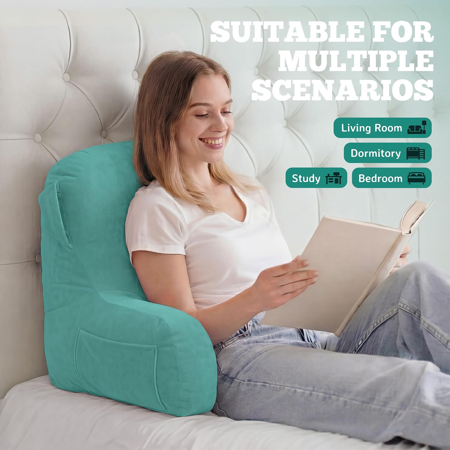 Unisakey Portable Comfy Reading Pillows for Bed Sitting Up(Lake Blue Oeko-Tex), Velvet Back Pillow with Arms & Pockets for Adults…