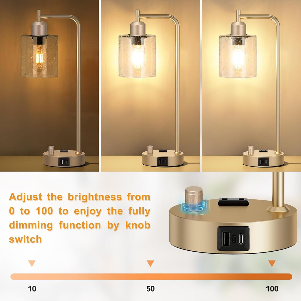 Innqoo Champagne Gold Industrial Bedside Table Lamp for Bedroom - Nightstand Lamps with USB C Charging Port, Fully Dimmable Black Ports…