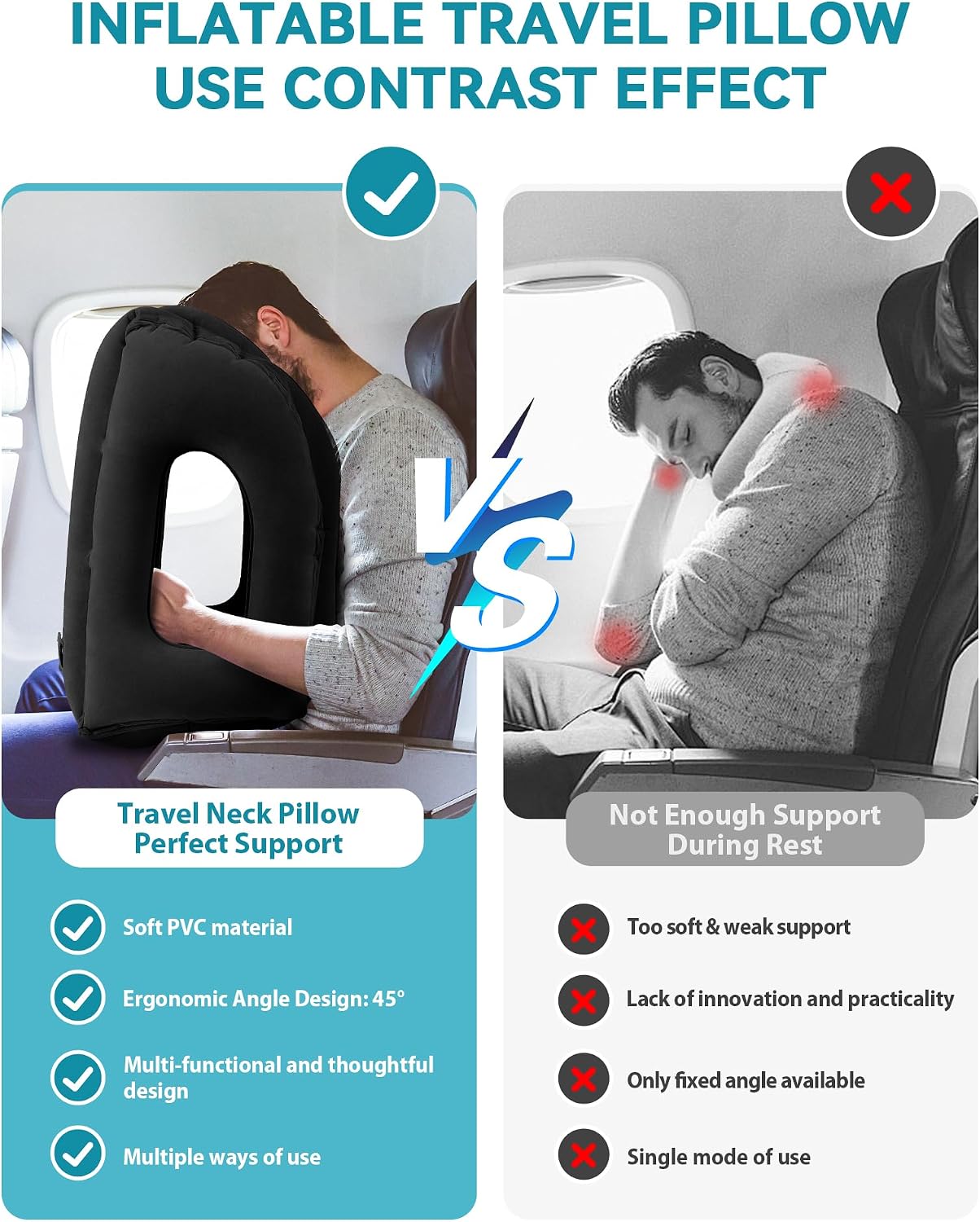 Travel Pillow, Inflatable Airplane Pillow for Sleeping to Avoid Neck and Shoulder Pain, Supports Head and Chin Used for Airplane, Car, Bus…