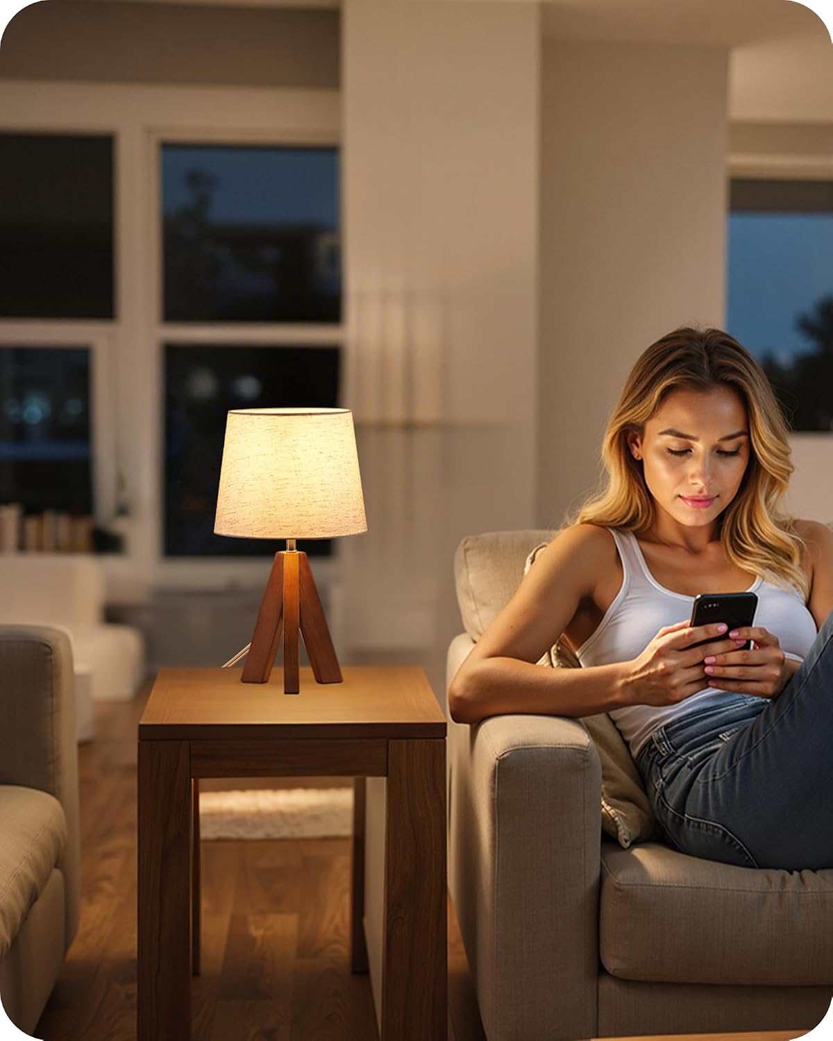 Tripod Table Lamp, 14.6 Inch Small Bedside Lamp with Beige Linen Shade, Modern Nightstand Lamp for Bedroom, Kids Room, Living Room…