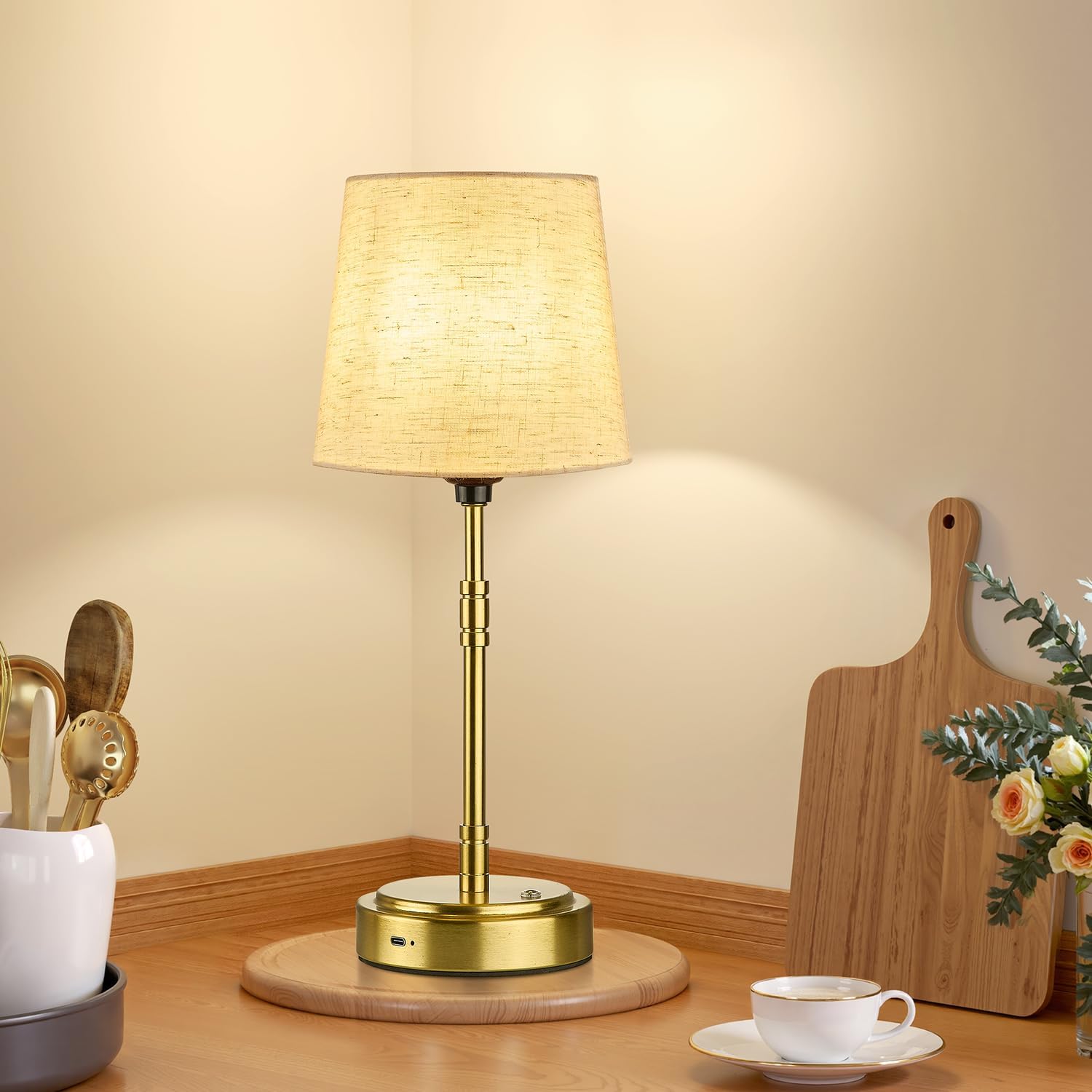 Cordless Table Lamps Set of 2 – Battery Operated Lamp with 7500mAh Rechargeable Battery, Stepless Dimmable Brushed Gold Lamps with Beige…