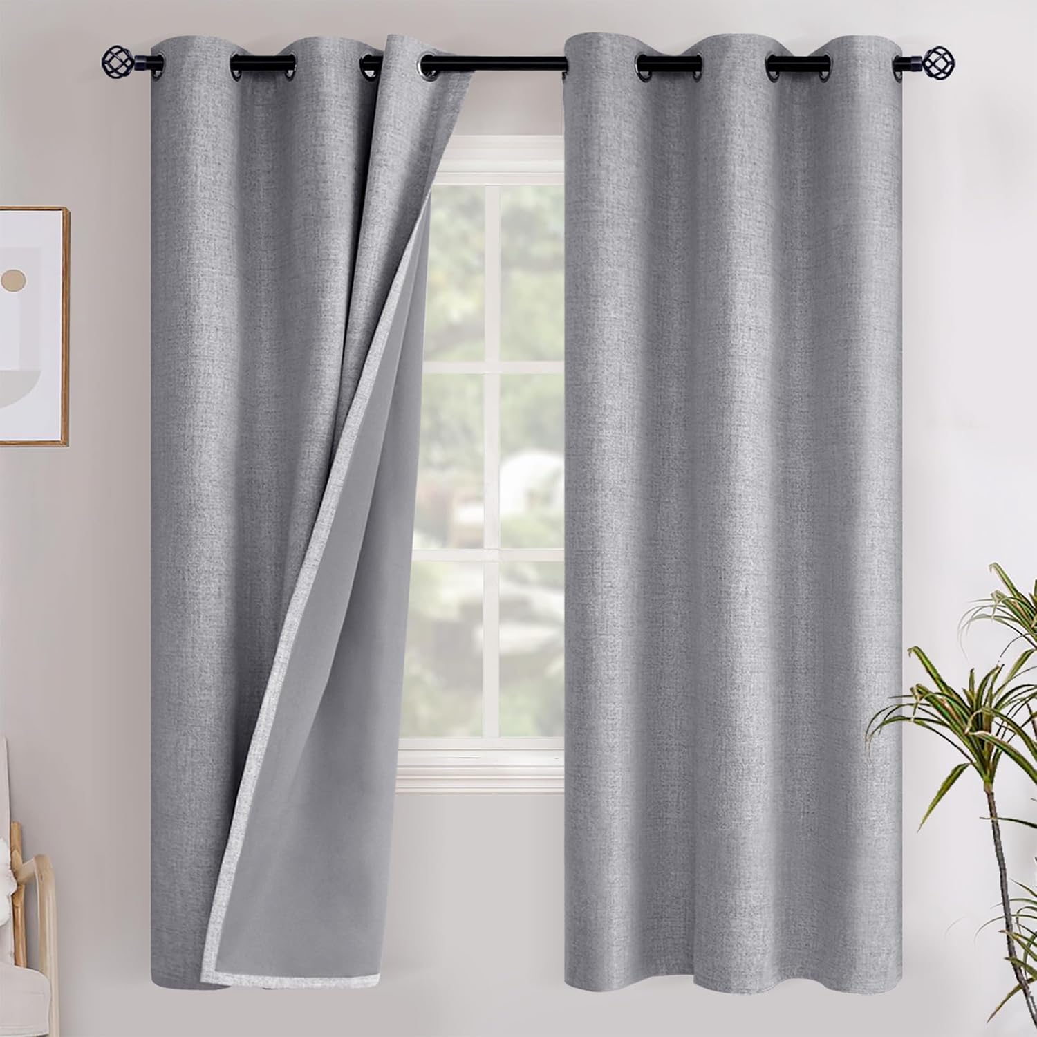 YoungsTex Grey Linen Blackout Curtains for Living Room 72 Inches Long, Thermal Insulated Black Out Drapes with Grommet Room Darkening Energ…