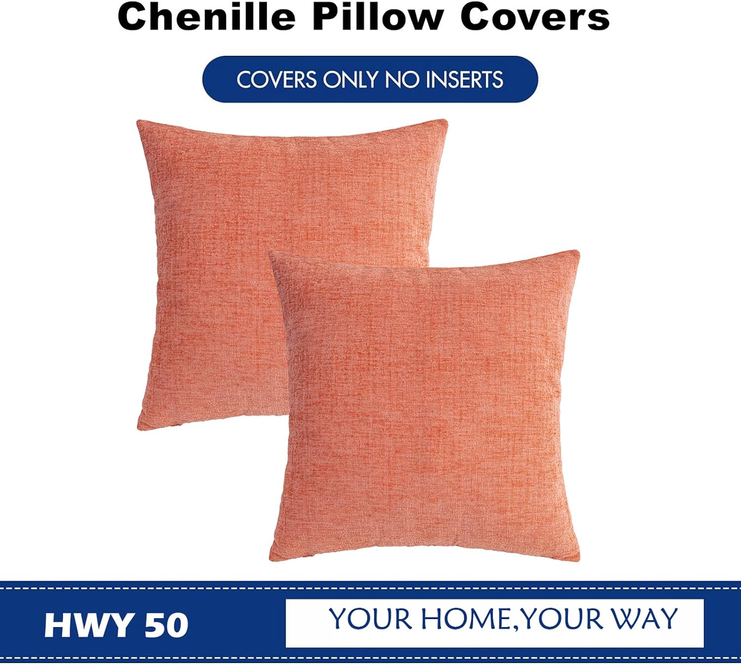 Hwy50 HWY 50 Coral Pink Couch Pillow Covers 16x16 Inch Pack of 2, Soft Chenille Decorative Throw Pillow Cases Farmhouse for Sofa Living Roo…