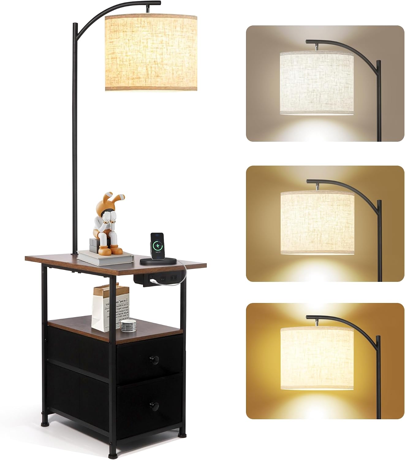 PESRAE Floor Lamp with Table & 2 Drawers, End Table with 3 Color Temperature Reading Light, Side Table Lamp with USB & Type C & AC…