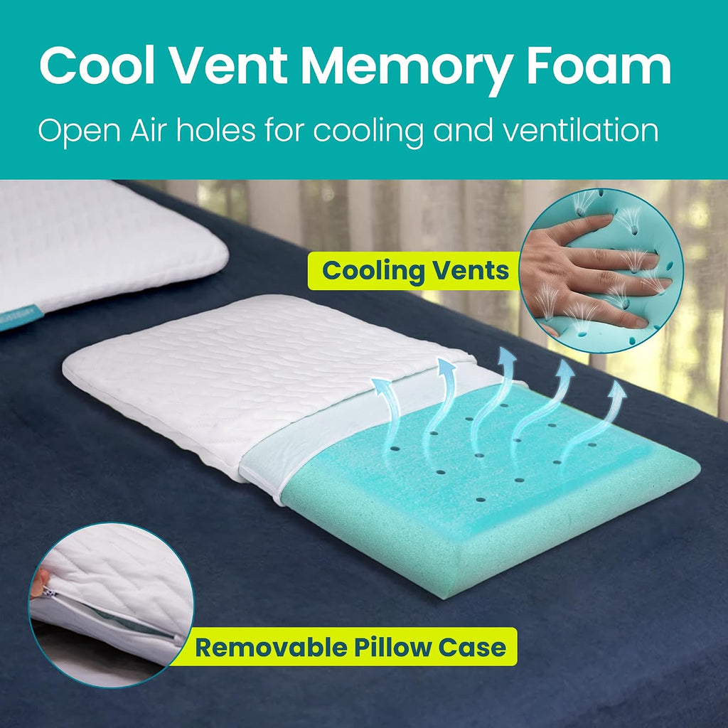 BLISSBURY Cooling Memory Foam Pillow, 2.6 Inch Thin, for Stomach & Back Sleeper, Queen Size, Removable Cool-Tech Cover, CertiPUR-US…