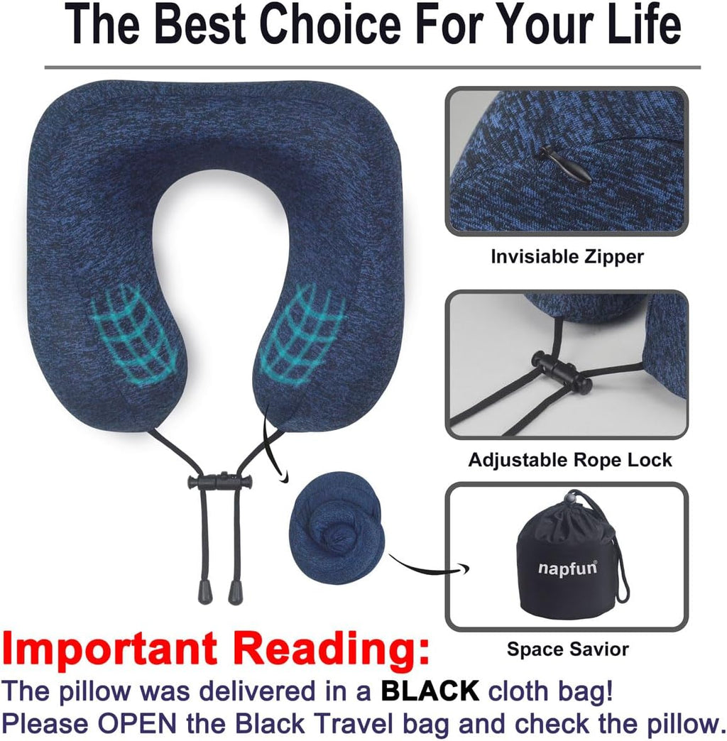 napfun Neck Pillow for Traveling, Upgraded Travel Neck Pillow for Airplane 100% Pure Memory Foam Travel Pillow for Flight Headrest Sleep…