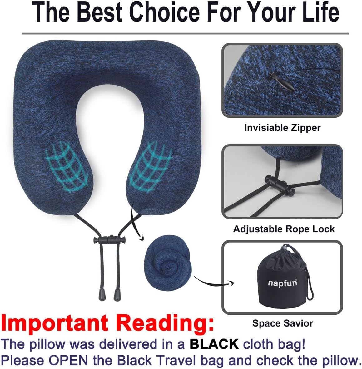 napfun Neck Pillow for Traveling, Upgraded Travel Neck Pillow for Airplane 100% Pure Memory Foam Travel Pillow for Flight Headrest Sleep…