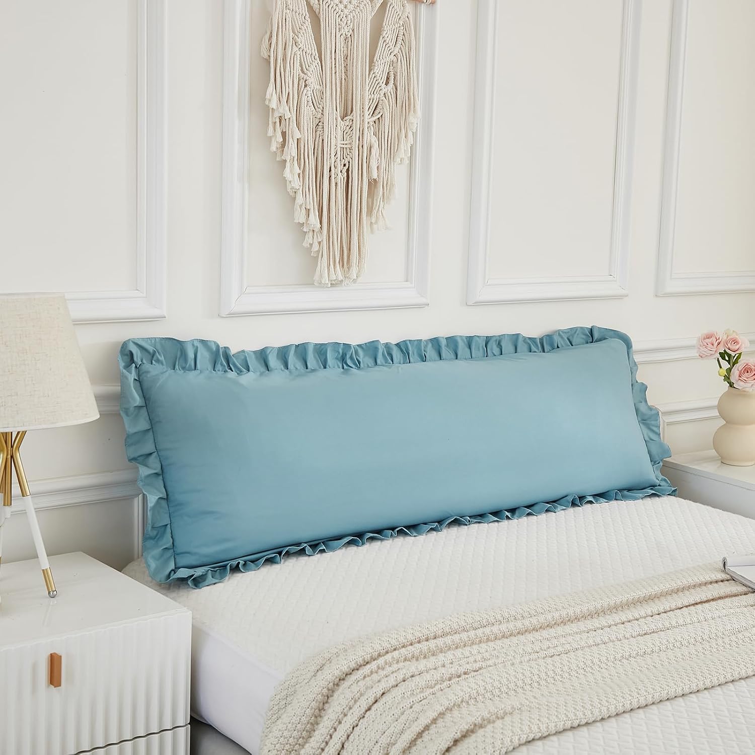 Merryword Dusty Blue Body Pillow Cover 20x54inches Long Pillowcase Ruffled Fringe Decor Sham Cute Pillowcase (1 Body) Blue