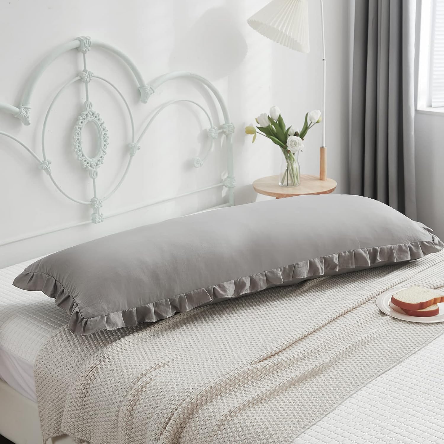 Merryword Shabby Chic 20x54in Light Grey Body Pillow Cover with Ruffled Fringe Decor Grey