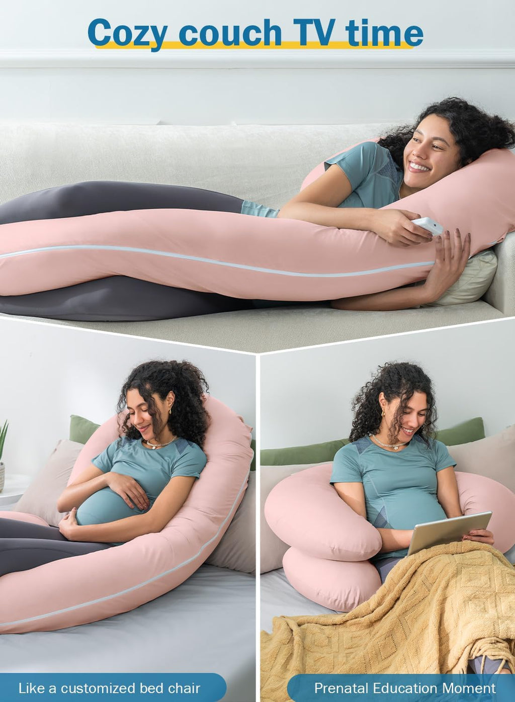 INSEN Cooling Pregnancy Pillow, Maternity Pillow with Soft Cotton Cover, C Shaped Pregnant Women and Side Sleeping, Bright Pink