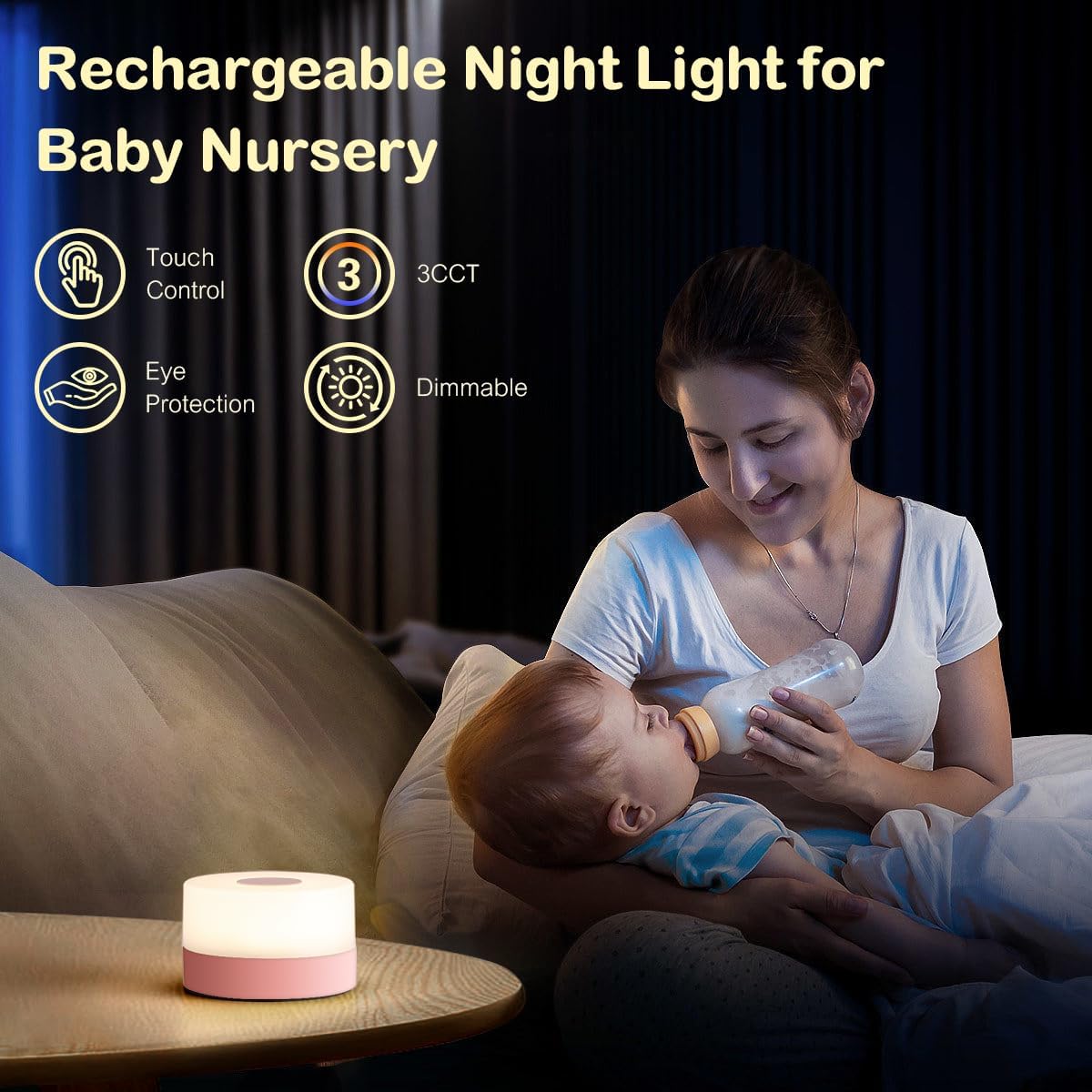 JUSHENG Night Light for Baby Nursery, Rechargeable LED Touch Light with 3CCT & Stepless Dimming Function, Portable Bedside Lamp Tap…