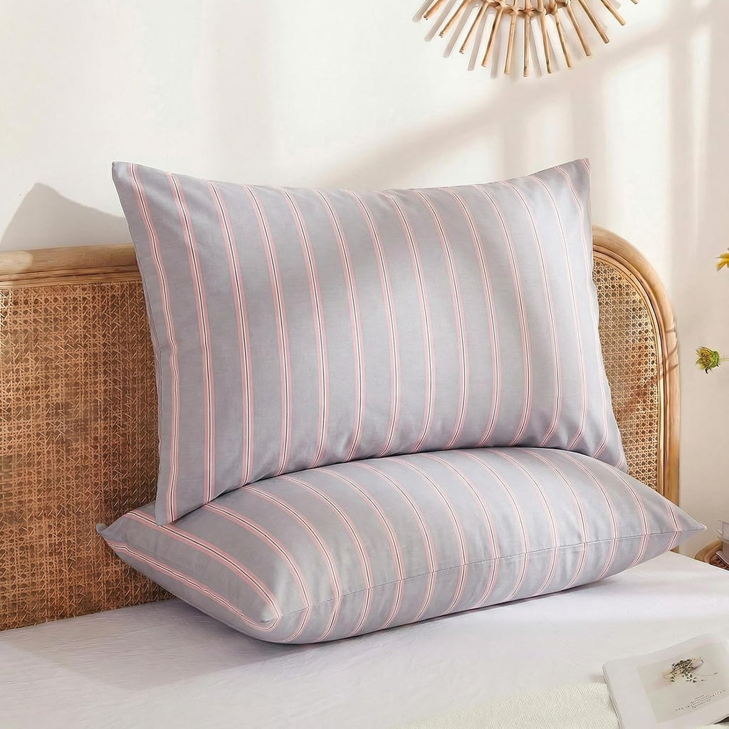 Merryword Queen Size Pillowcases, 100% Cotton Pillow Cases, Gray and Pink Striped Pillowcases, Luxury Linen Like Pillowcase, Soft Breathabl…