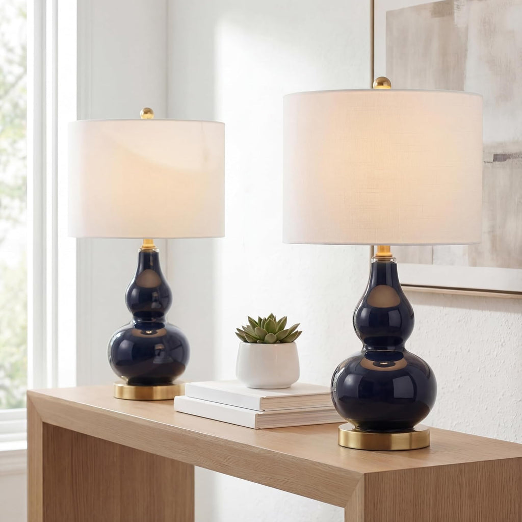 JONATHAN Y 20.5" Navy Glass Table Lamp, Modern Gourd Bedside Nightstand Lamp for Bedroom, Living Room, White Linen Shade, LED Bulb…