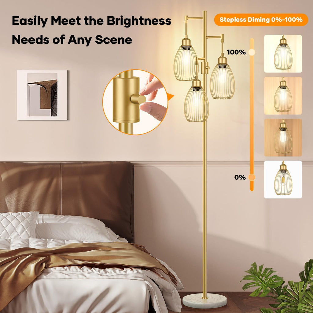 Dimmable Floor Lamp,3x800LM LED Bulbs Included, Farmhouse Industrial Floor Lamp Standing Tree Lamp with Teardrop Cage Head Tall Lamp for…