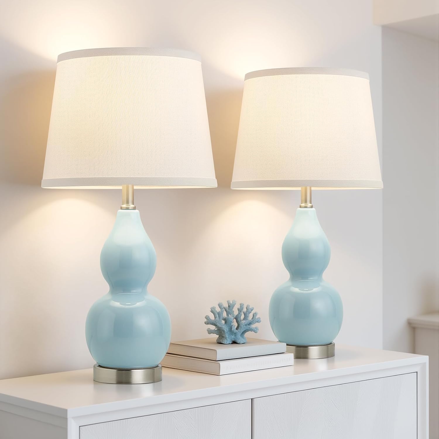 WelcomeGyroVu GyroVu 22" Table Lamp Set of 2, Color Temperature Adjustable Double Gourd Ceramic Lamps Classic Nightstand Table Lamps for Be…
