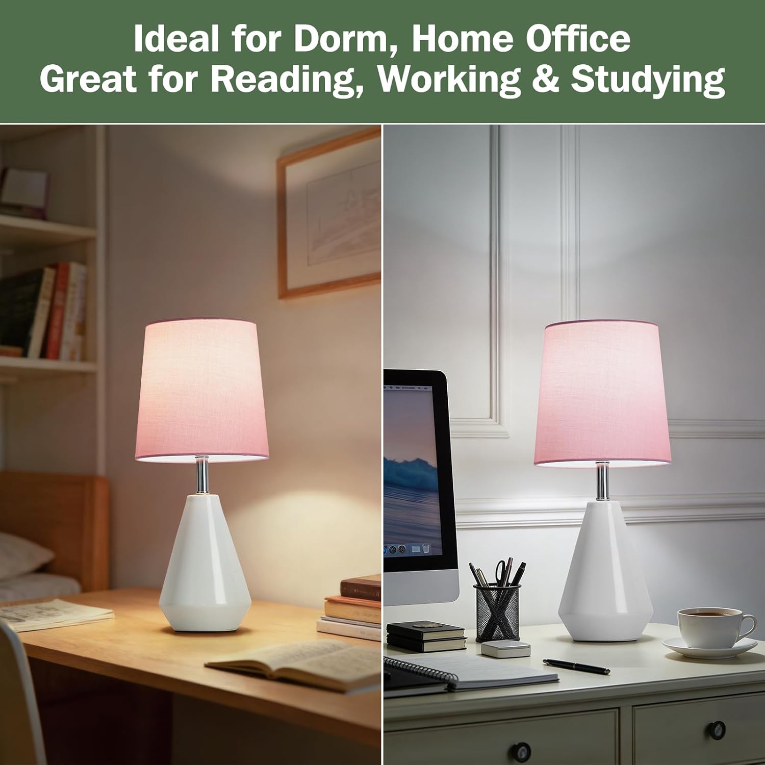 Small Bedside Table Lamp for Bedroom-Reading Desk Lamp Set of 2, with 3 Color Temperatures,15.5" Nightstand Ceramic Lamp with Fabric Shade…