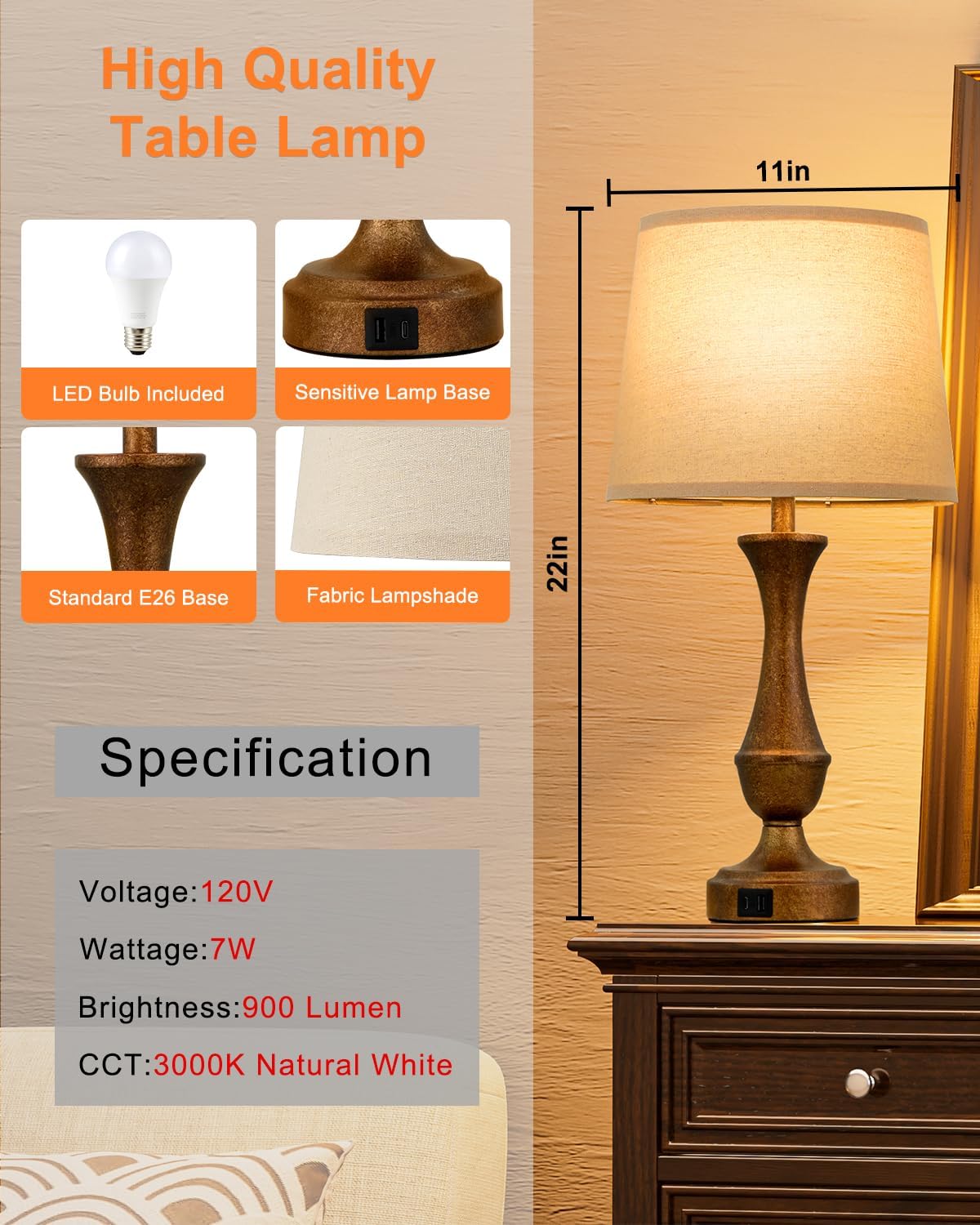 Seealle Upgraded Touch Lamps for Night Stands Set of 2 - Bedside Lamps with USB C+A, 3 Way Dimmable for Bedroom Living Room End Tables…
