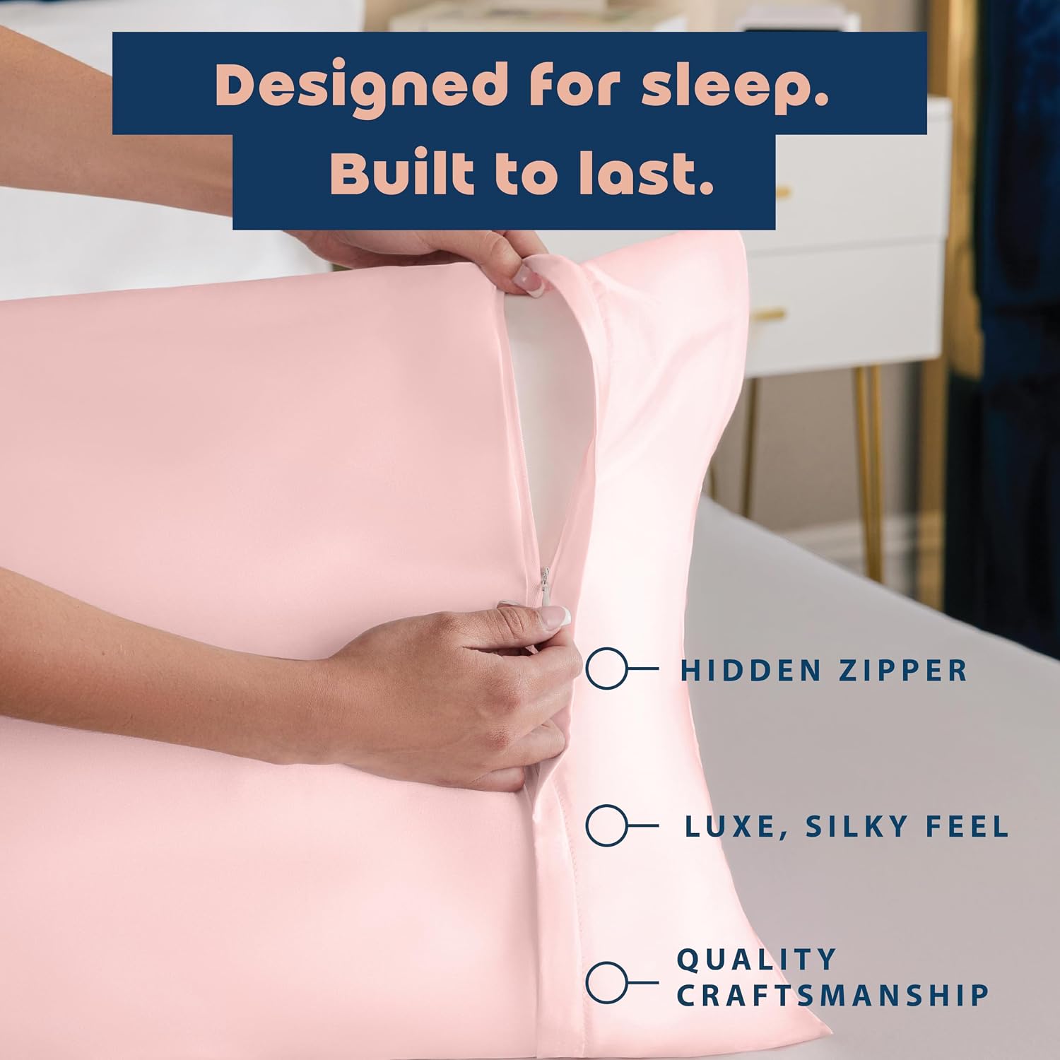 Blissford Pink Satin Pillowcase with Zipper, for Hair and fabric comfort, Feels Soft and Cool Like a Silk Pillowcase, Satin Pillow Cases…