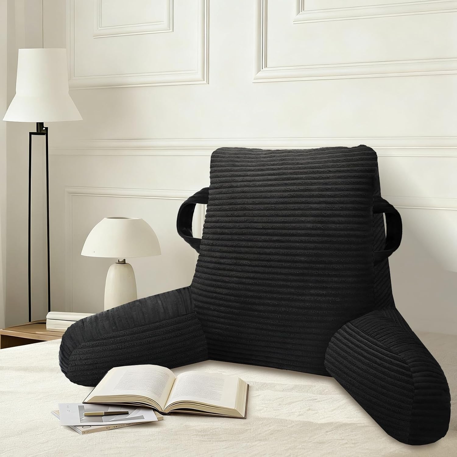 Reading Pillow for Sitting in Bed Adult, Bed Reading Pillow with Shredded Memory Foam, Back Pillow for Sitting with Arms and Pockets, Black
