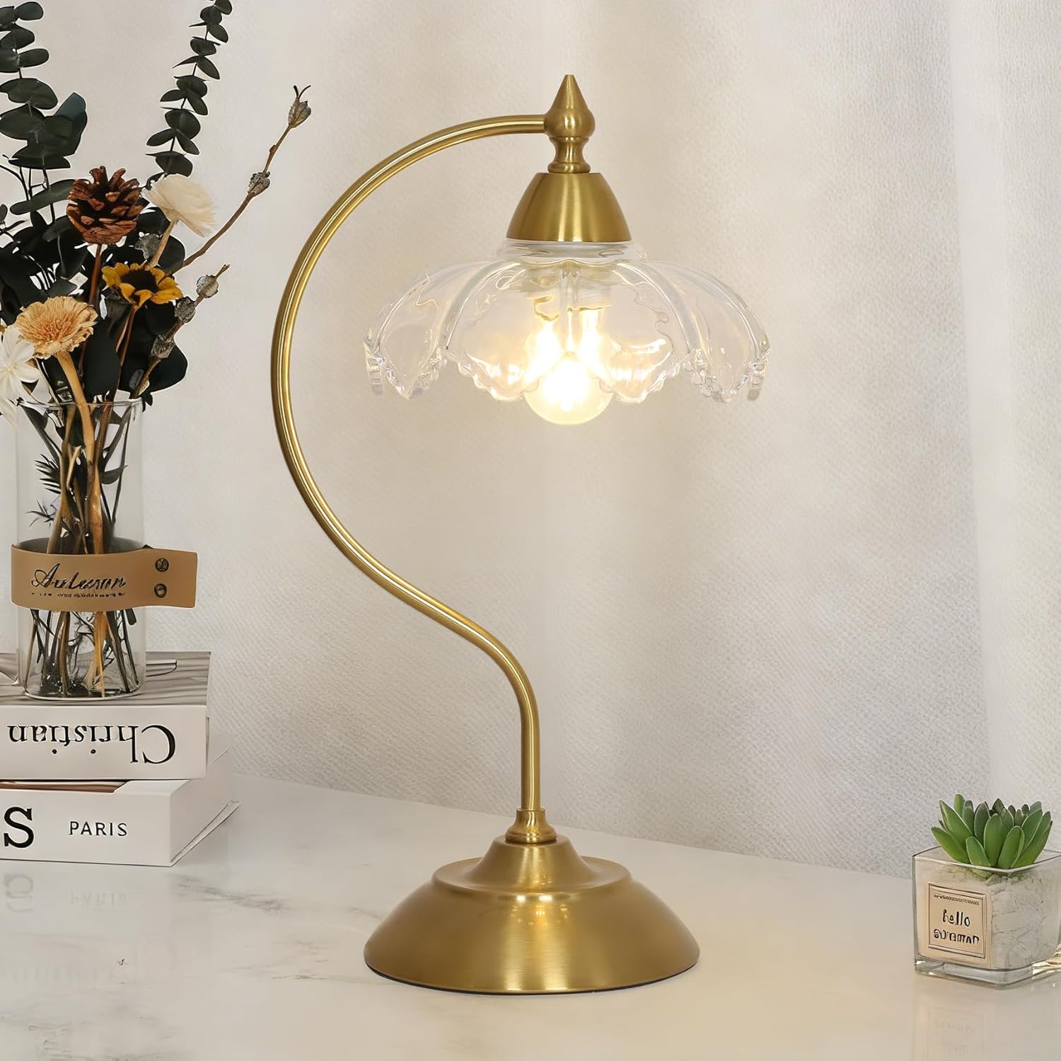 Glass Desk Lamp, Gold Table Lamps for Living Room, Brass Side Table Lamp with Clear Flower Shade, Desk Lamps for Home Office, Mid Century…