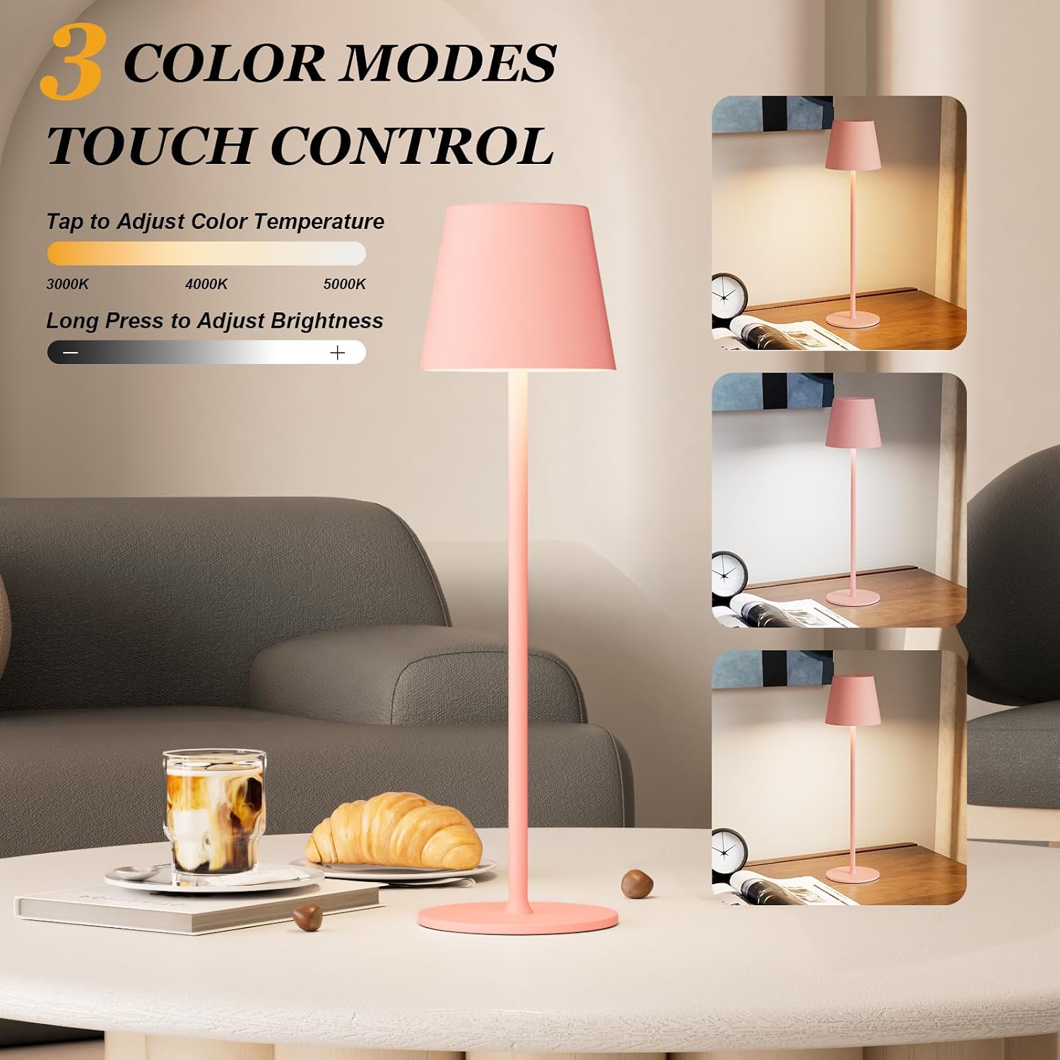 Kakanuo Cordless Table Lamp Rechargeable Pink - KK 2 Pack 5000mAH Battery Operated Lamp for Counter, 3 Color Stepless Dimming Wireless…